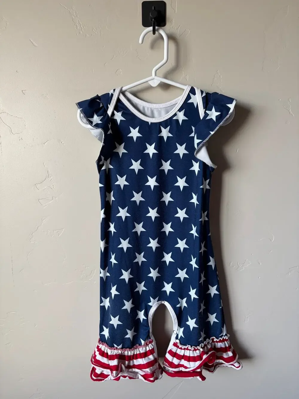 4th of July Red White and Blue Stars and Stripes Baby Girl Romper Sz 12-18m